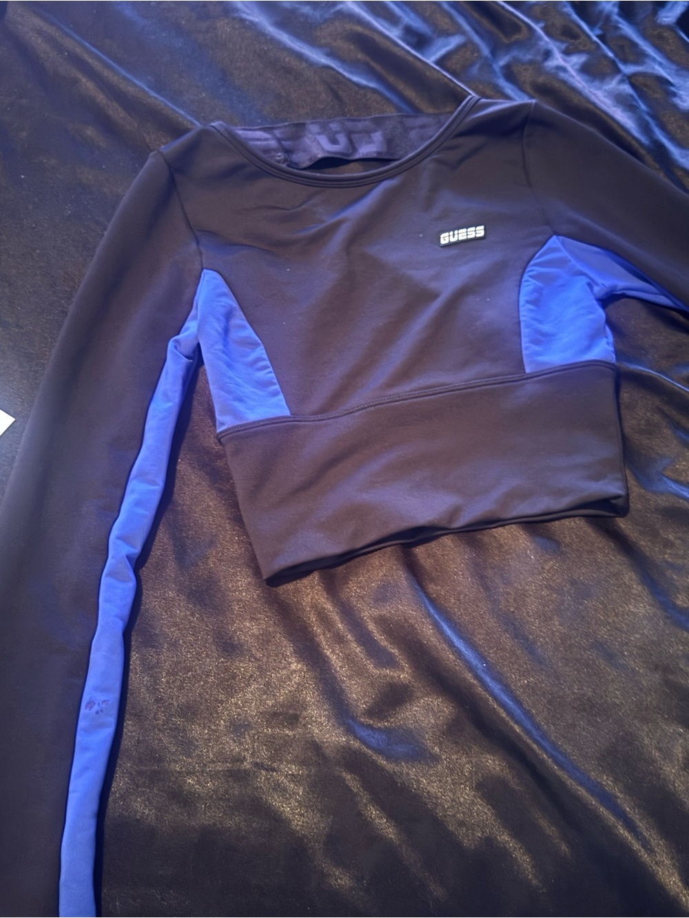 GUESS Black and Royal Blue Cropped Long Sleeve Athletic Top